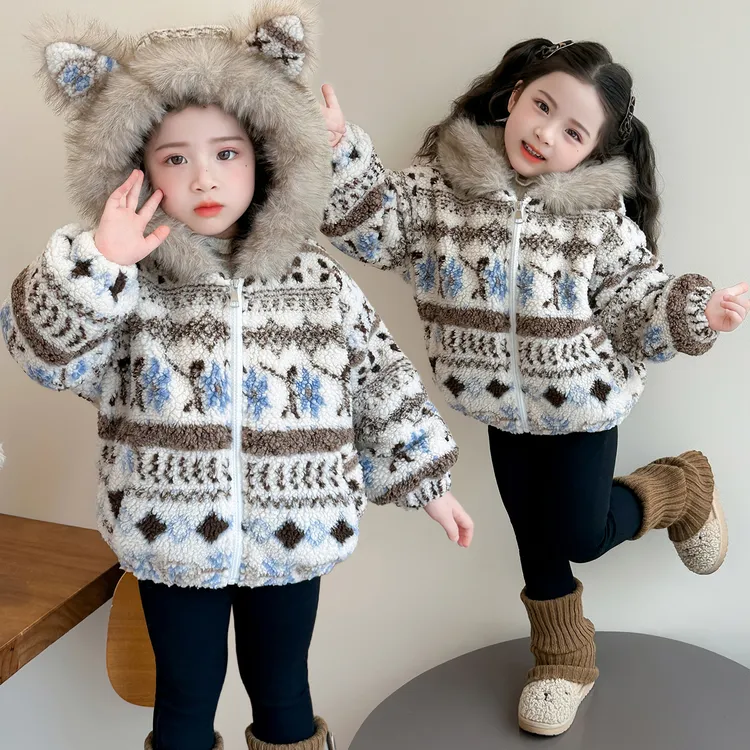 女童超好看加绒毛毛衣冬季新款儿童加厚保暖外套冬季外套棉服