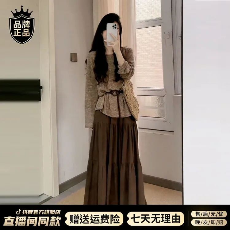 秋冬季2025新款复古咖色罩衫上衣外穿韩系高级设计感连衣裙女套装