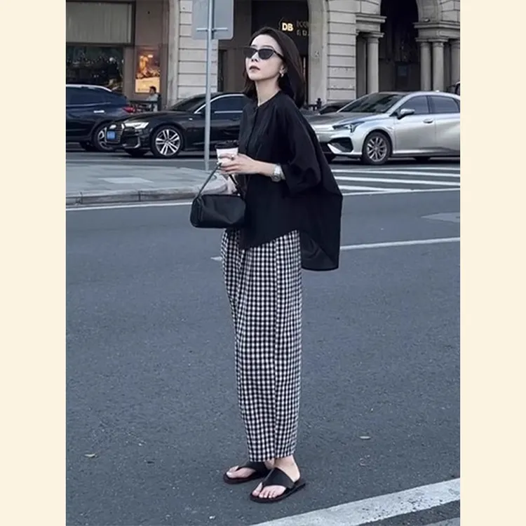 夏季2025新款今年流行时尚欧货漂亮黑色小香风衬衫阔腿裤两件套装