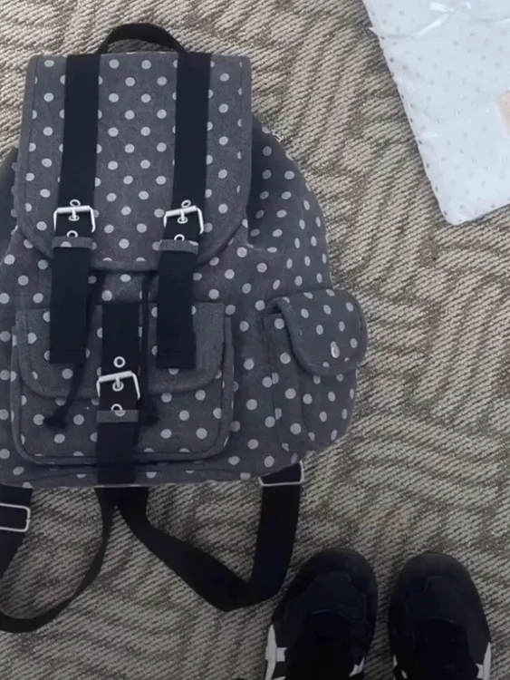 2025韩系小众复古日系波点口袋双肩包大容量书包学生上课休闲包