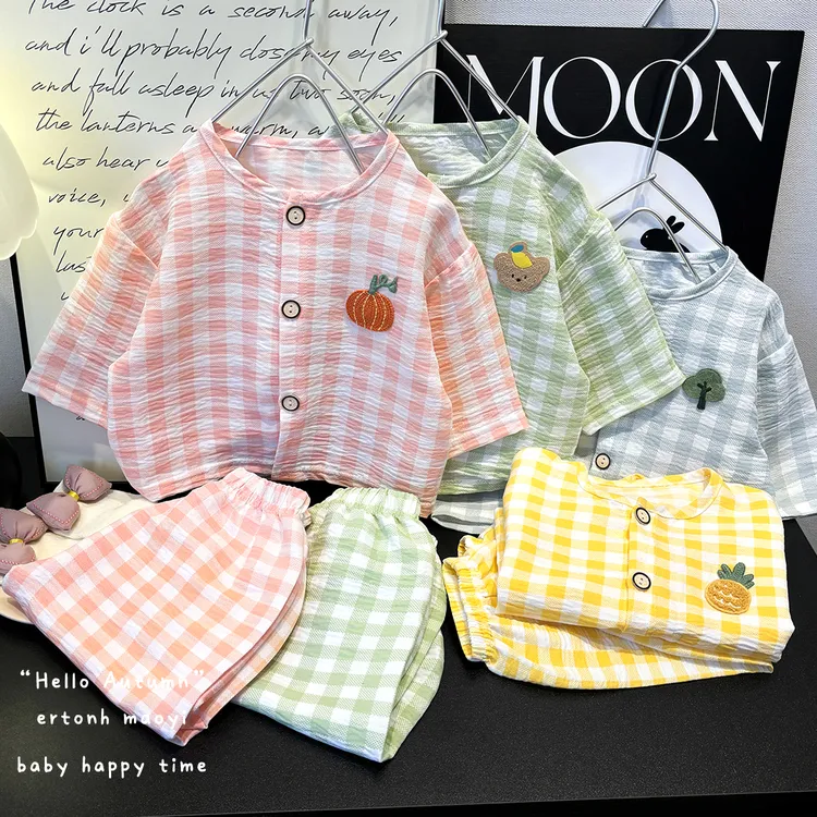 儿童新款家居服套装韩版男女童印花套装 两件套长袖格子宝宝睡衣