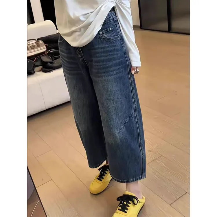 大尺码复古蓝色九分牛仔裤女春夏胖mm小个子宽松高腰显瘦直筒宽裤