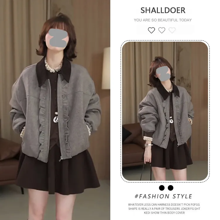 时尚羊毛呢设计拼色短外套女2025新款时尚设计感韩版时尚潮流