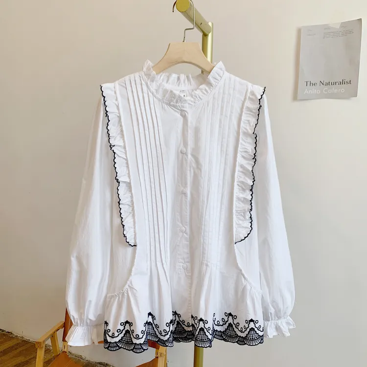 浪花朵朵Y2912刺绣风琴褶木耳边全开扣立领衬衫