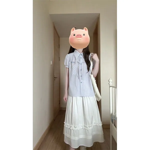 miu系条纹蝴蝶结短袖衬衫女夏季泡泡袖蓝色衬衣上衣半身裙套装