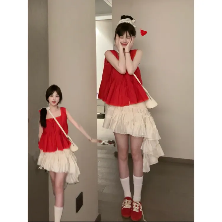 ukmfx 高岭花 红色韩系吊带蕾丝少女感小衫减龄娃娃衫网红短款