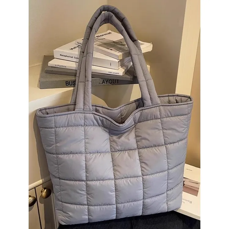 秋冬菱格棉服包包女大容量休闲通勤手提袋学生上课百搭单肩托特包