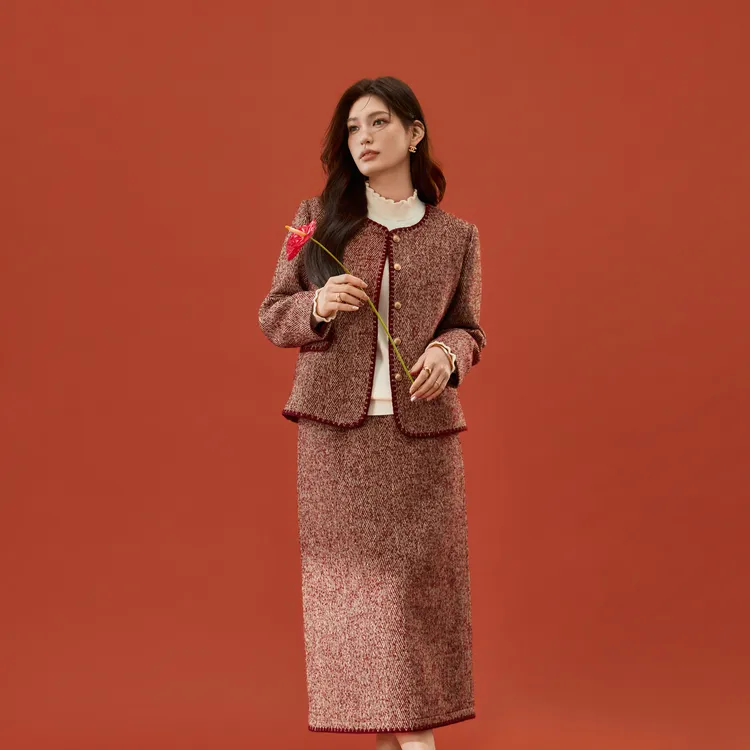 【新年战袍】纤莉秀W大码女装人字纹粗花呢千金风两件套秋冬QK4946