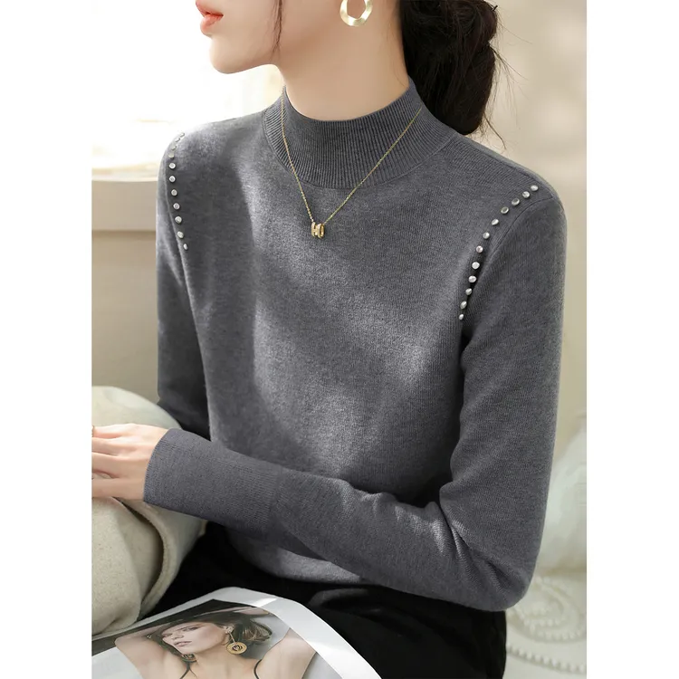 灰色半高领镶砖设计感厚款上衣女装秋冬季宽松显瘦针织衫长袖毛衣