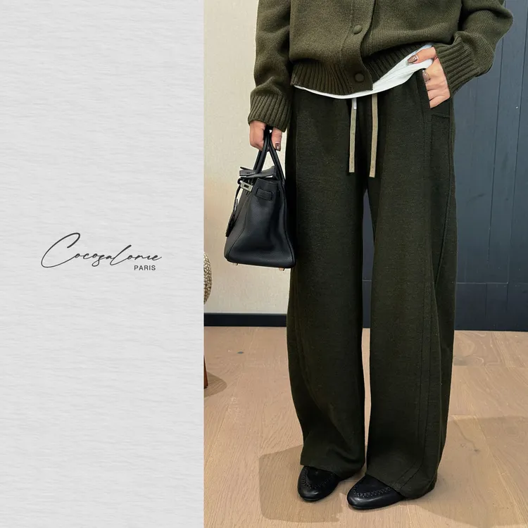 韩彬彬"C位裤王"山羊绒+桑蚕丝橄榄绿奢柔抽绳遮肉直筒裤2904-5