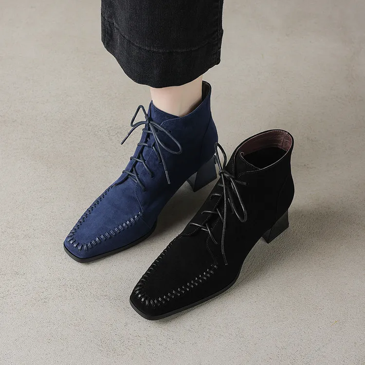 5cm 复古百搭粗跟系带马丁靴春秋英伦风通勤休闲简约时尚方头短靴