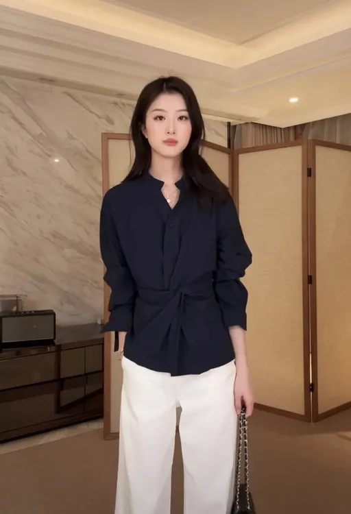 【现货】韩版上衣洋气女装长袖百搭扭结设计收腰两穿衬衫