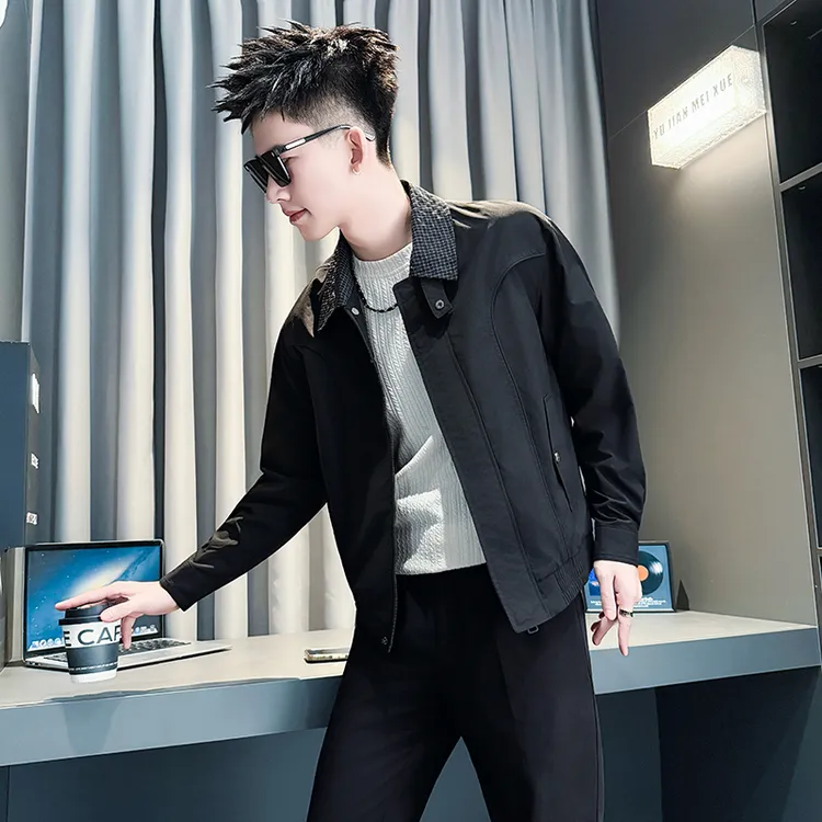 男士外套春秋季新款网红洋气炸街男装高级感痞帅拼接翻领休闲夹克
