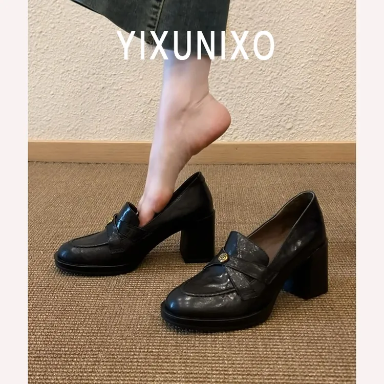 羊皮版~山茶花粗跟英伦风乐福鞋女2025新款单鞋高跟一脚蹬小皮鞋