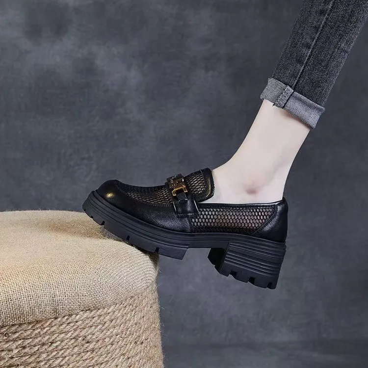 断码英伦风网纱透气厚底单鞋女2025夏季新款网面软皮镂空一脚蹬