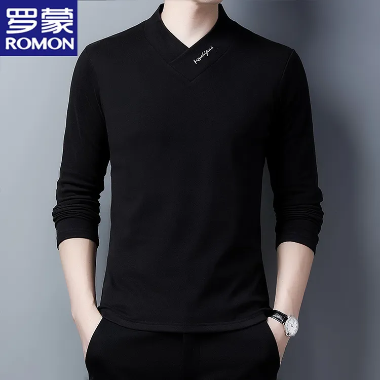 罗蒙秋冬季男士V领时尚刺绣百搭打底衫双面德绒保暖修身长袖T恤衫