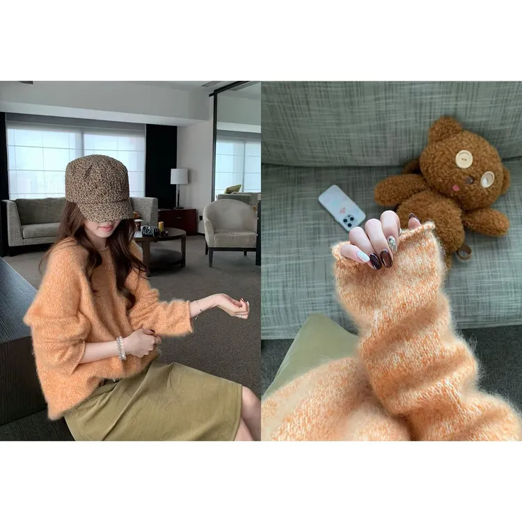 羊毛拉绒花纱巨软糯卷边杂色毛衣时尚针织百搭宽松显瘦秋冬长袖