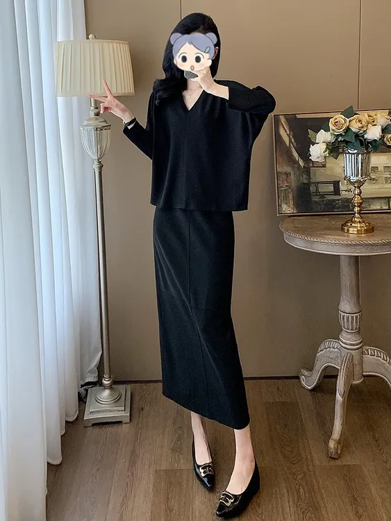 高级感穿搭时尚套装女2025早秋季V领长袖上衣半身裙长裙两件套装