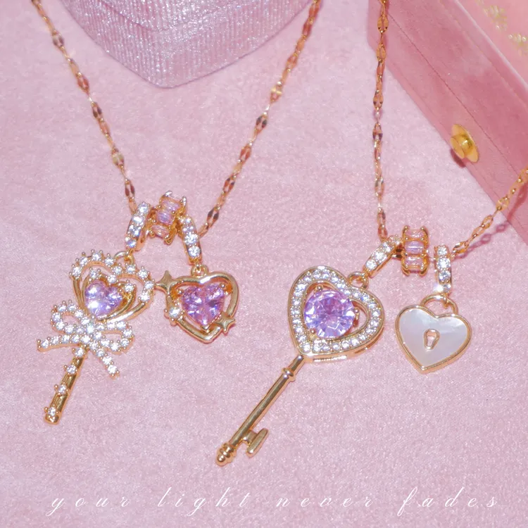 不锈钢锆石项链 秘密花园～爱心钥匙贝母锁系列项链美式甜心既视感