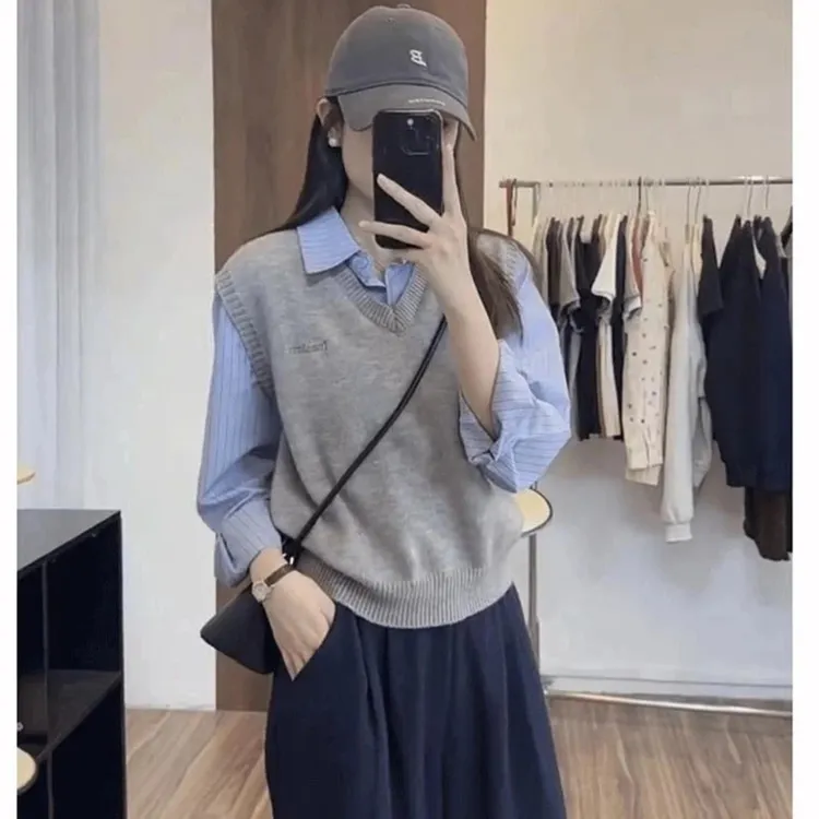 假两件撞色衬衫2025春季休闲百搭叠穿长袖衬衫针织上衣