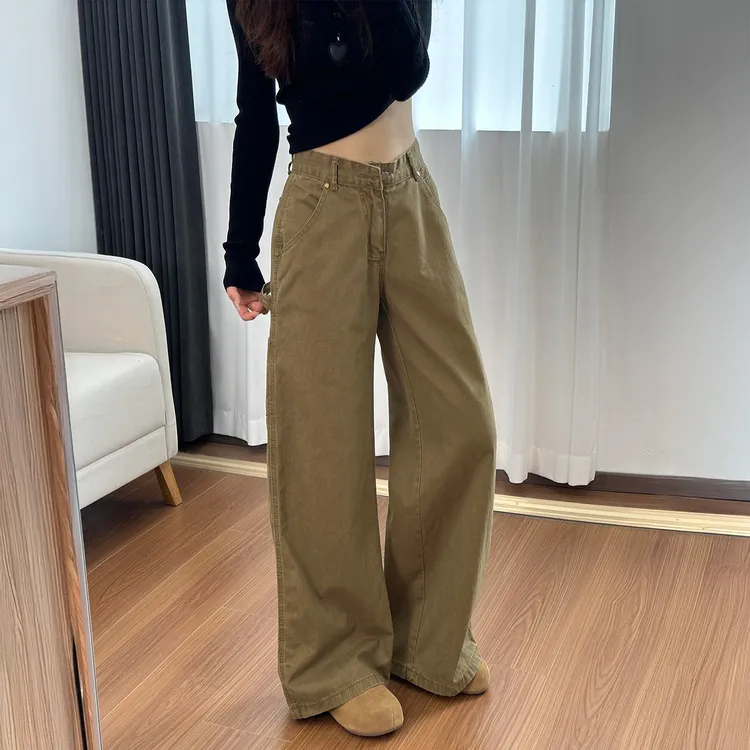 卡其色复古阔腿牛仔裤女秋季新款胖妹妹mm高腰宽松设计感工装裤子