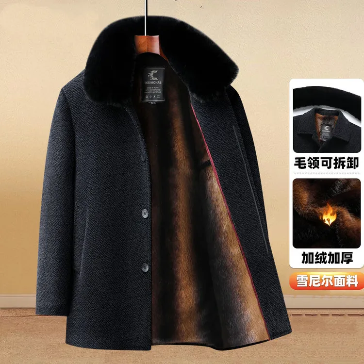 中老年冬季加绒加厚中长款保暖外套毛呢大衣高品质雪尼尔爸爸冬装