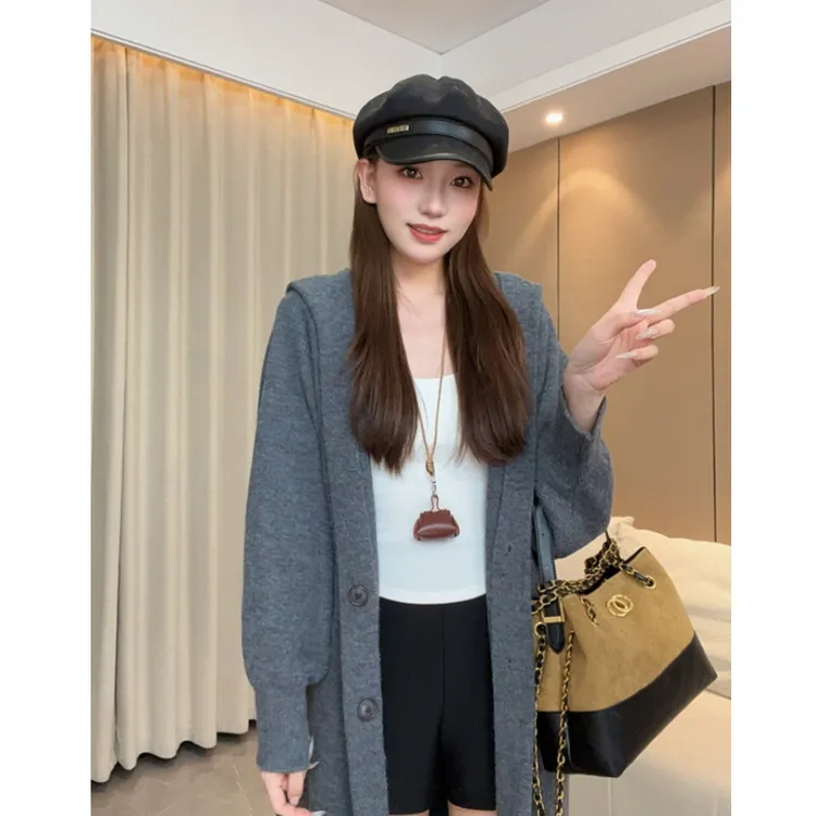 2025年新款秋冬秋季连帽长毛衣开衫中长款针织衫百搭慵懒风外套