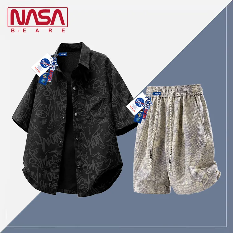NASA联名潮牌套装男夏季短袖衬衫男士轻奢运动短裤大码休闲两件套