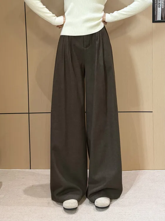 加厚休闲裤冬装新款复古咖啡色高腰宽松百搭直筒磨毛卫裤MUD2005