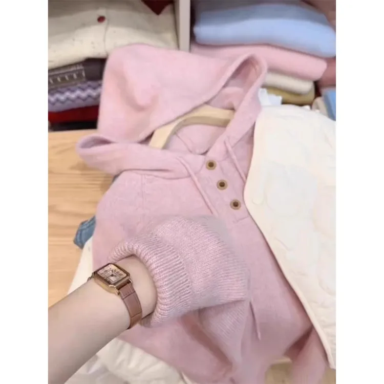 粉色连帽长袖卫衣女2025秋季新款宽松显瘦慵懒风软糯通勤百搭上衣