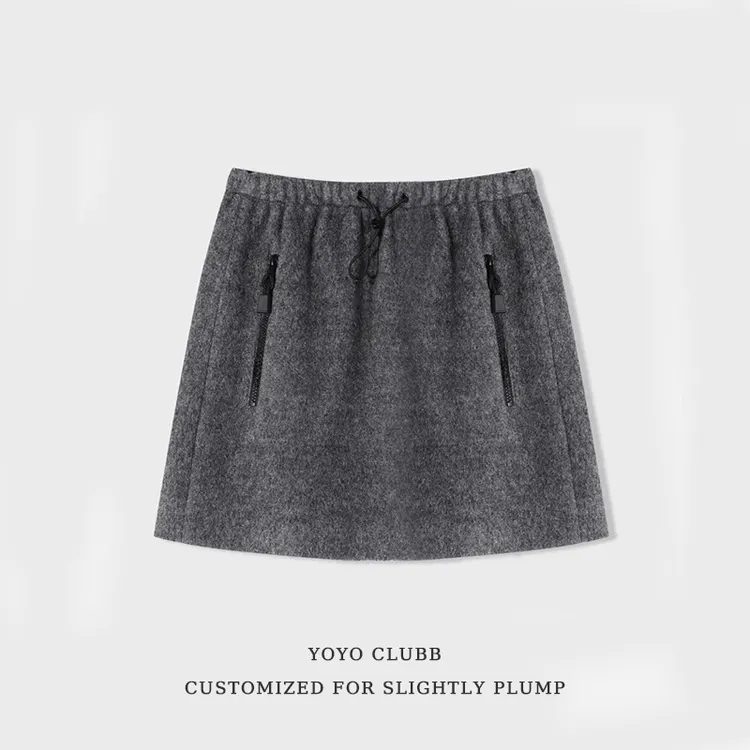 YOYO家【暖冬漫步】羊毛修饰拉长比例半身短裙拉链口袋松紧腰