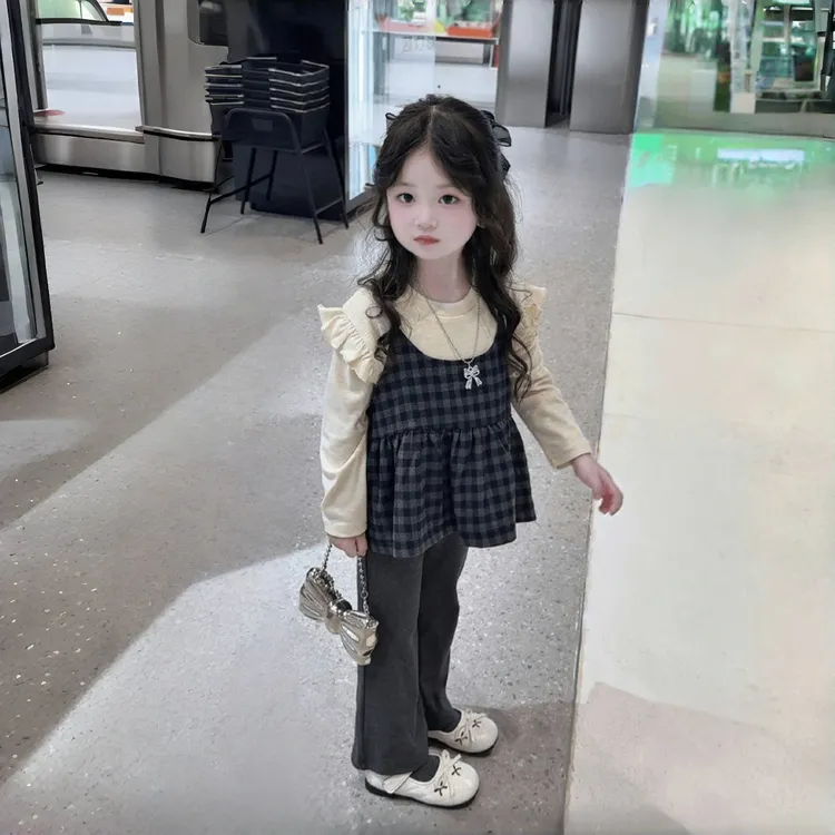 女童秋季套装宝宝甜美风裤子韩版洋气女孩百搭假两件格纹长袖上衣