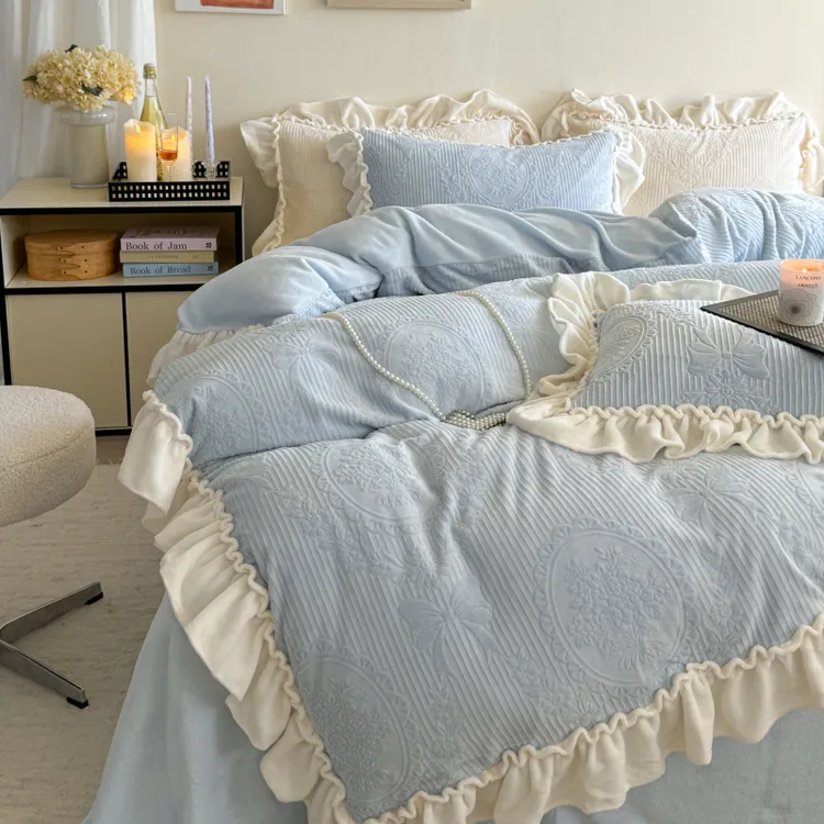 轻奢公主风加绒花边防静电牛奶绒四件套床单被套床笠四件套被罩