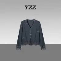 YZZ“花影”醋酸天丝羊毛蕾丝花边高级感V领气质开衫 680316