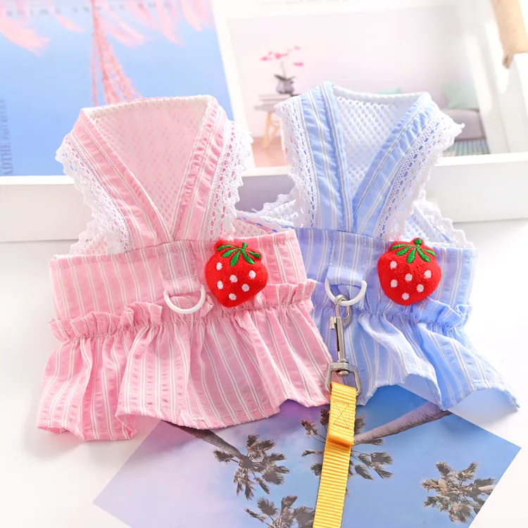 宠物泰迪博美小狗狗猫咪衣服公主风草莓春夏季薄款胸背可牵引裙子