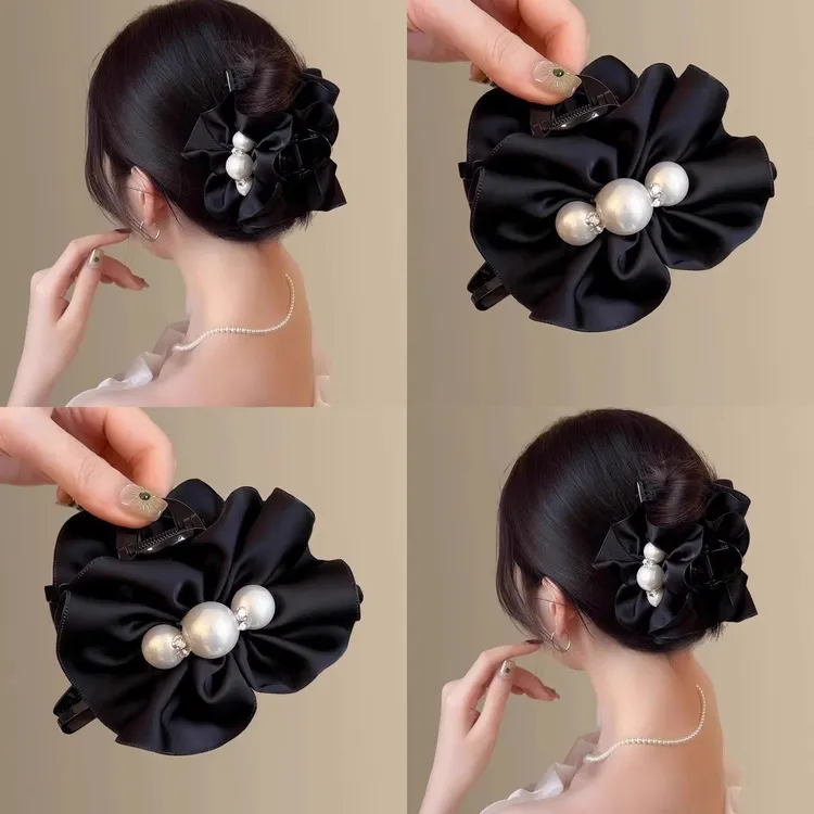 法式褶皱感轻奢百搭珍珠缎面花苞抓夹女2025新款后脑勺盘发夹发饰