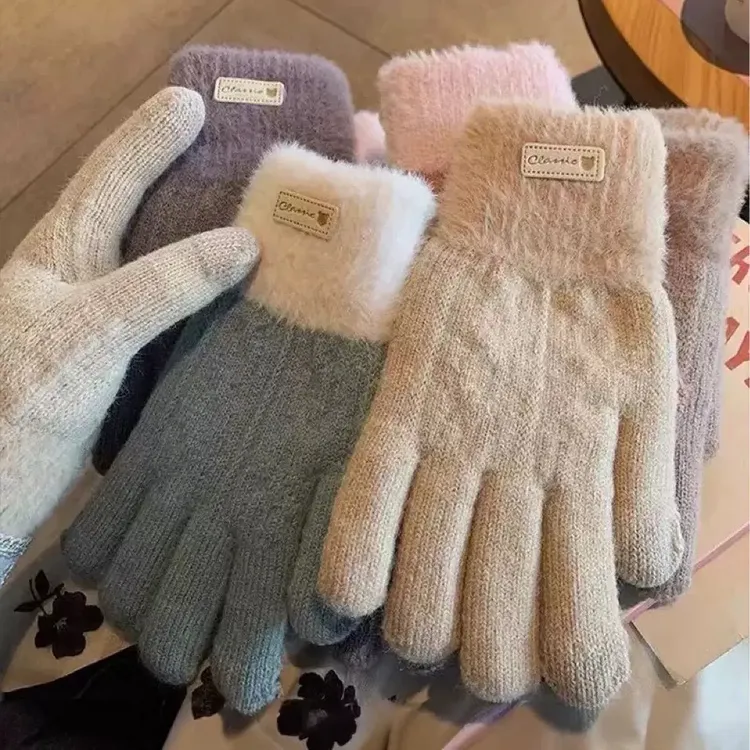 女士双层加绒加厚触屏保暖手套秋冬天针织骑车骑行防风防寒