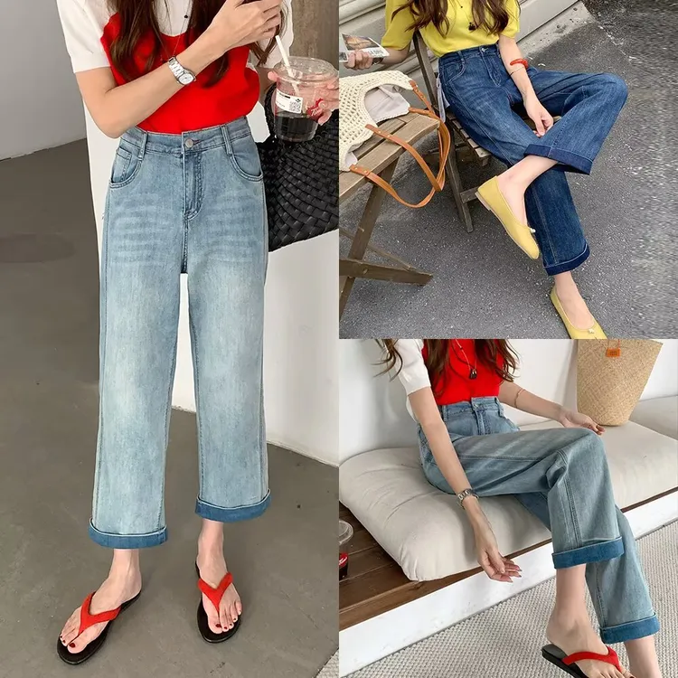 水洗高腰秋季薄款韩版大直筒码牛仔裤中弹力做旧清凉感