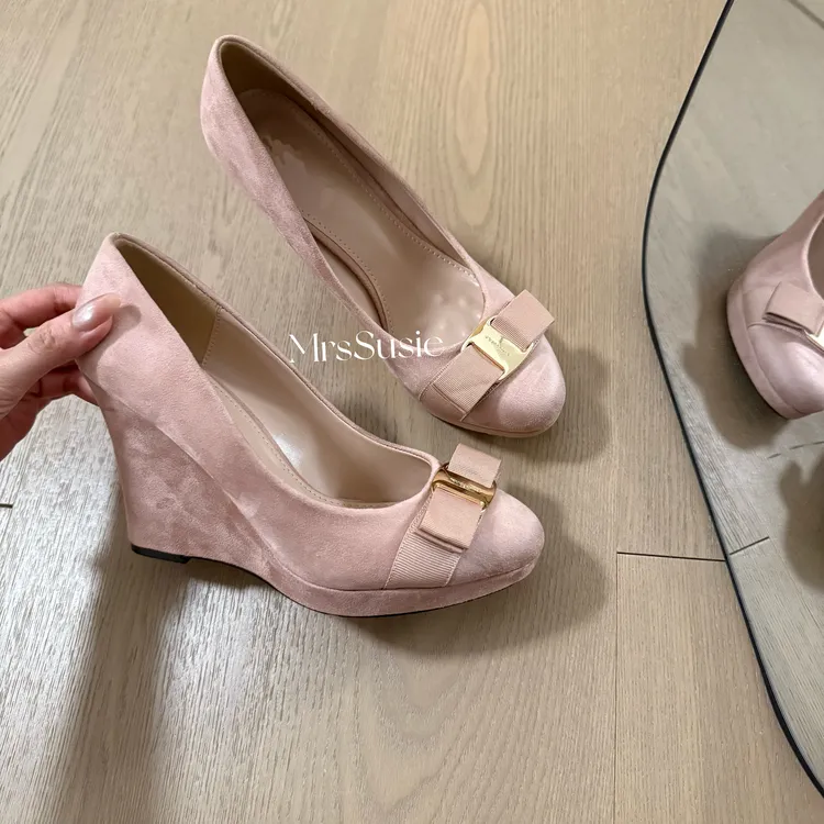 Mrs susie古早味蝴蝶结坡跟厚底台高文干圆头高跟鞋女细跟单鞋绒