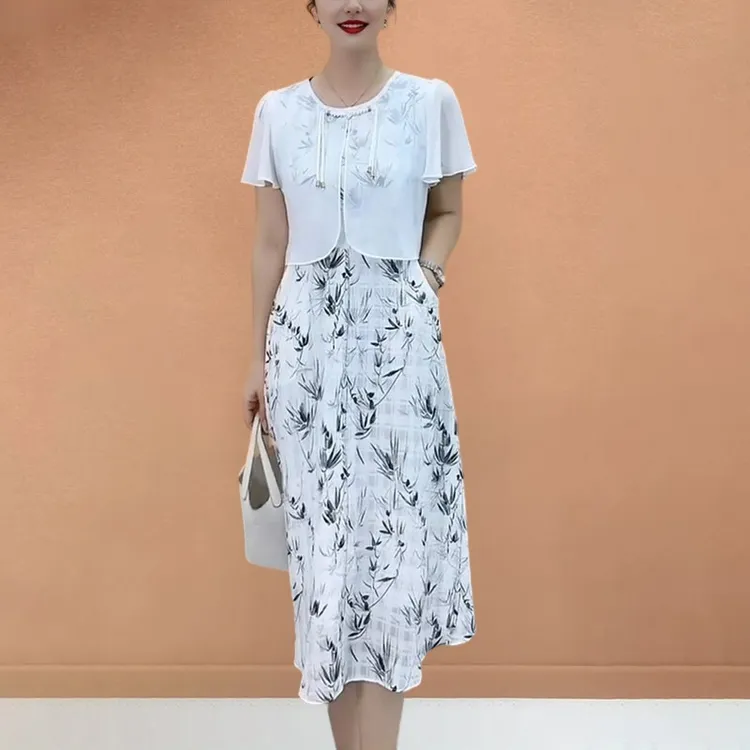  2025夏季新款假两件花色裙拼接收腰显瘦气质减龄短袖连衣裙套装