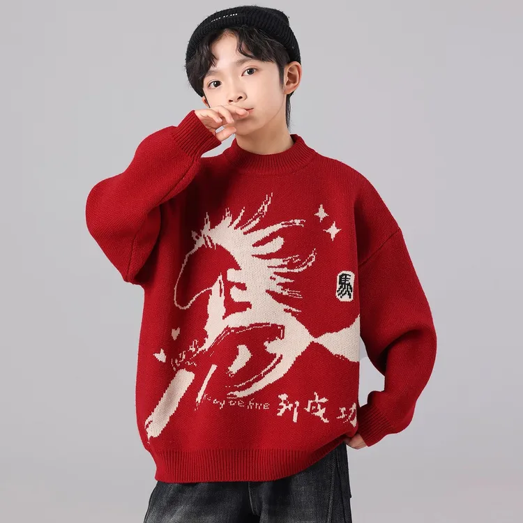 男童秋冬款红色加厚毛衣2025新款冬季本命年中大儿童男孩年服上衣