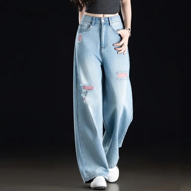 浅色破洞牛仔裤女宽松阔腿裤小个子2025新款裤子春秋季薄款直筒裤
