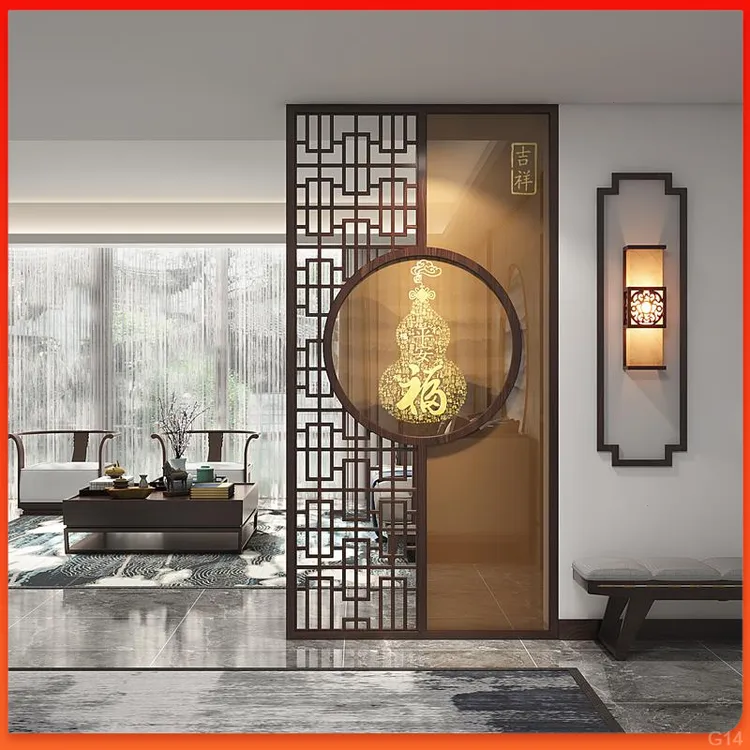 新中式简约平安福芦实木格栅屏风隔断家用入户装饰玄关遮挡背景..