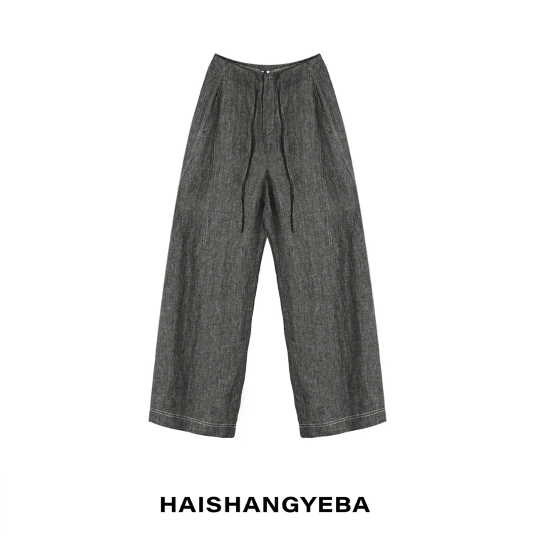 【海上叶爸】新款2025百搭斜纹色织亚麻抽绳松紧腰休闲裤