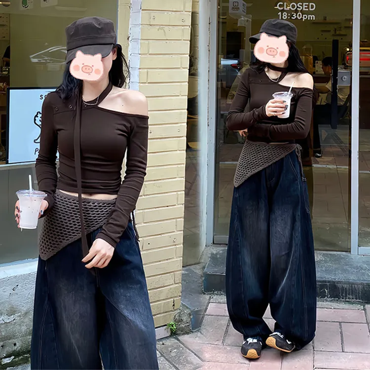 早秋斜肩飘带长袖t恤女2025新款修身显瘦简约短款小上衣+牛仔裤潮