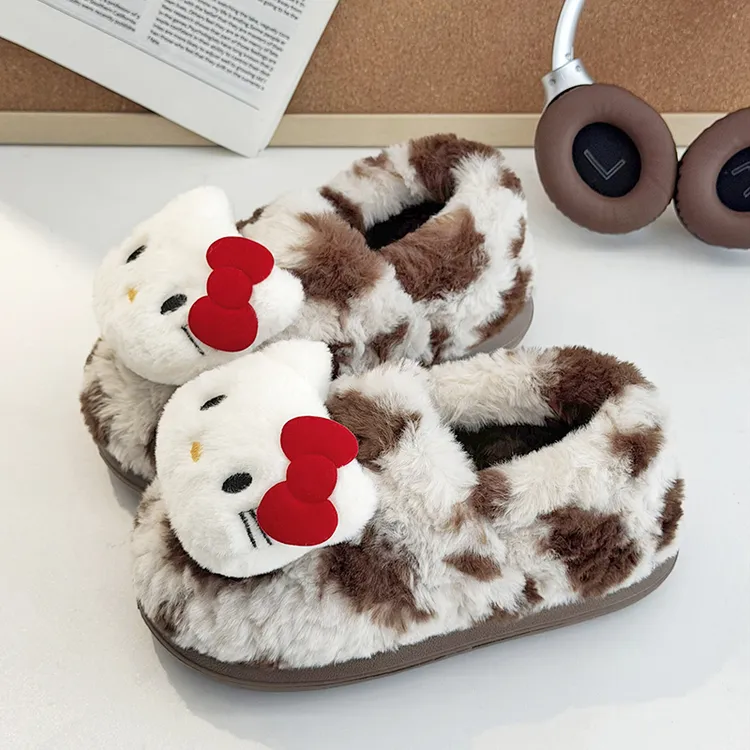 可爱奶牛豹纹包头棉鞋女款冬季外穿加绒保暖平底居家舒适包跟拖鞋