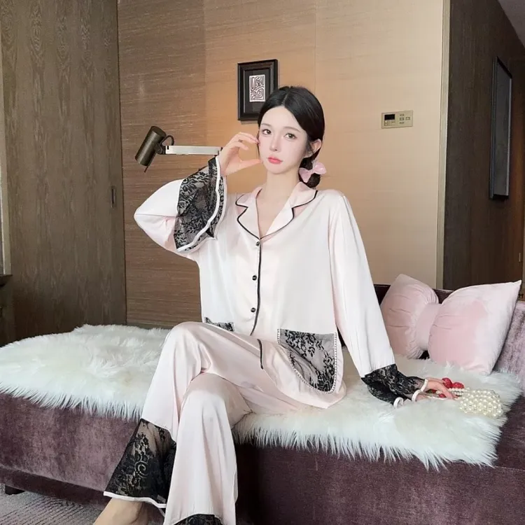 春秋季冰丝蕾丝拼接高级感长袖长裤睡衣套装女可外穿