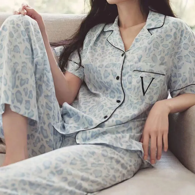 女休闲睡衣夏季蓝家居服套装法式短袖豹纹宽松凉爽开衫夏日高级感