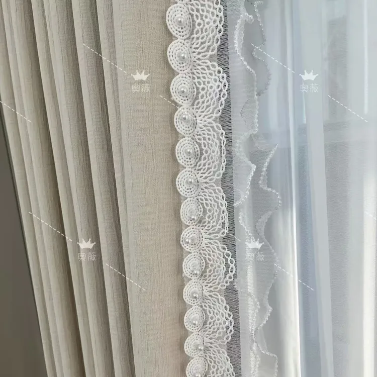 奥薇窗帘辅料配件帘头平幔圈圈线条双纱新款珍珠花边