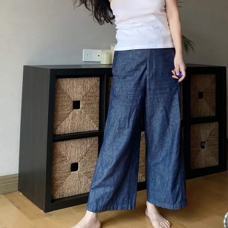 棉麻仿牛仔九分阔腿裤